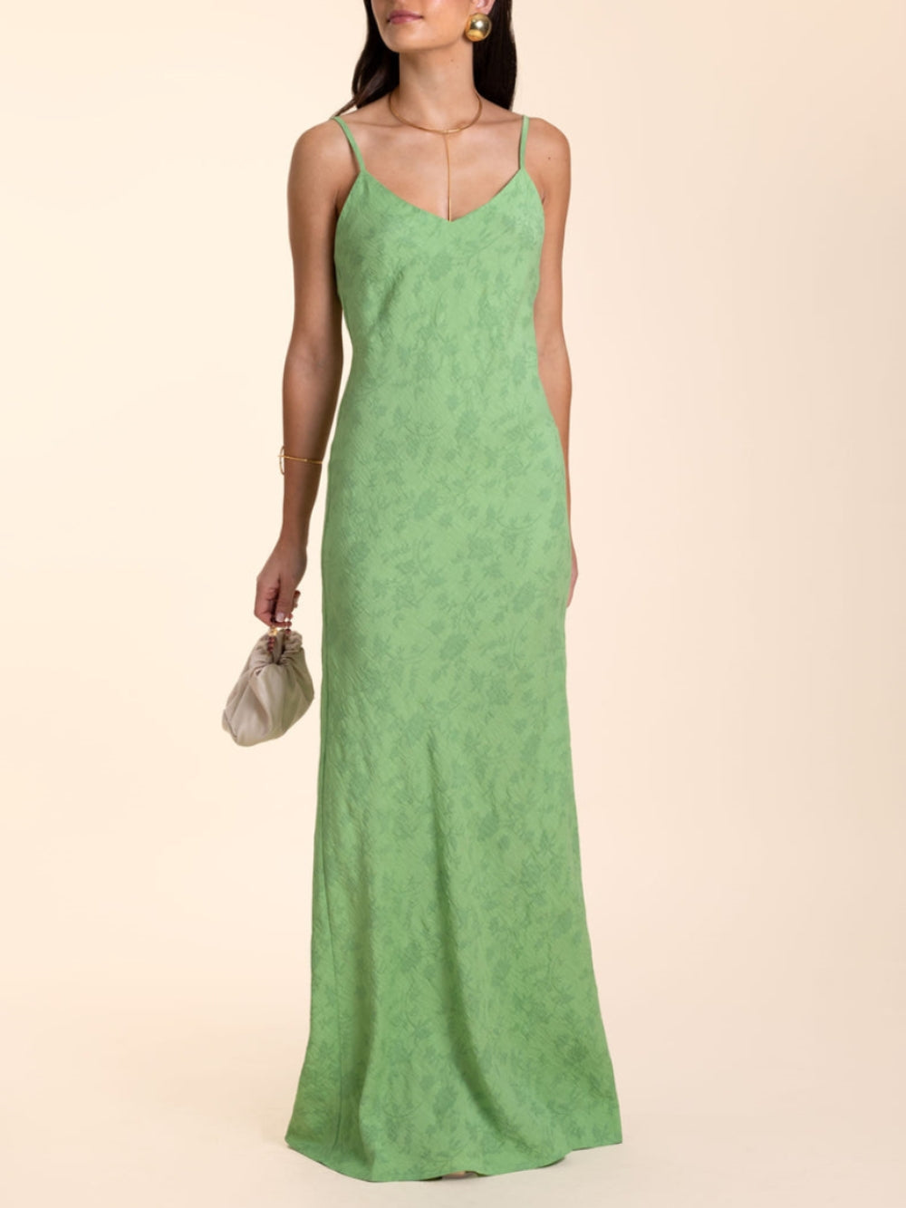 Elegant Lime Green Jacquard V-Neck Maxi Dress