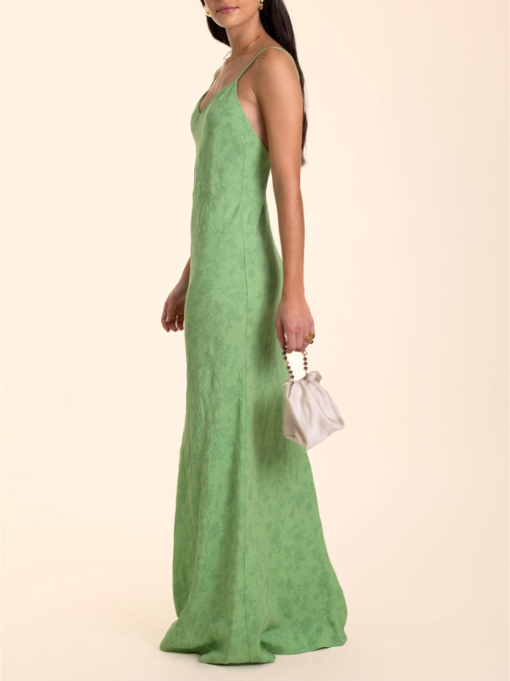 Elegant Lime Green Jacquard V-Neck Maxi Dress