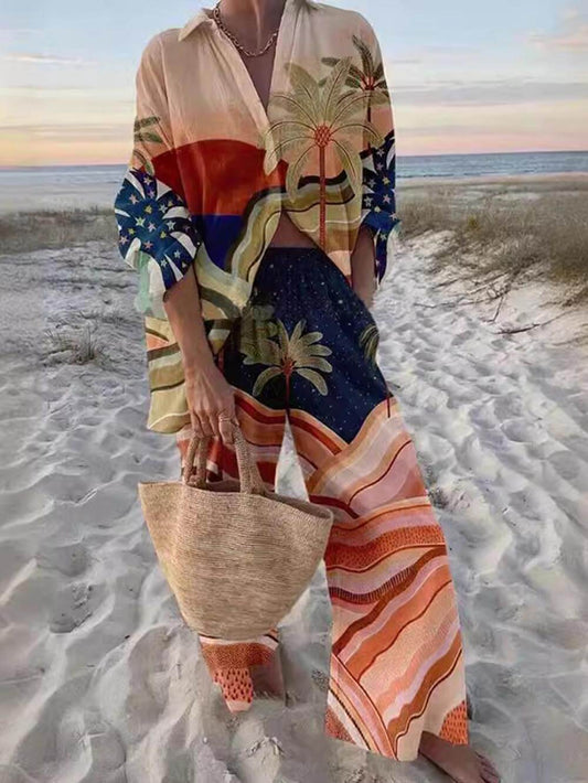 Unique Print Sunset Palms Relaxed Two-Piece Set