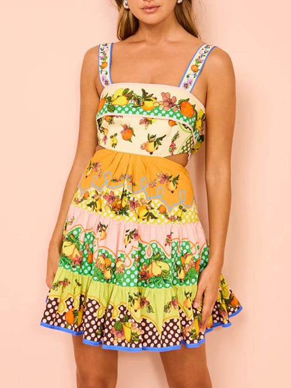 Summer Multicolor Lemon Preated Hem Mini Dress