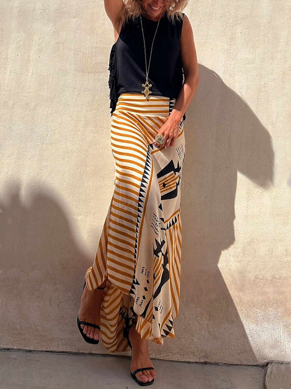 Geometric Print Elastic Waist Maxi Skirt