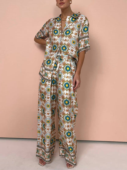 Ethnic Print Fashionable Casual Top And Wide-Leg Pants Two-Piece Suit