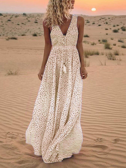 Bohemian V-Neck Sleeveless Polka-Dot Maxi Skirt