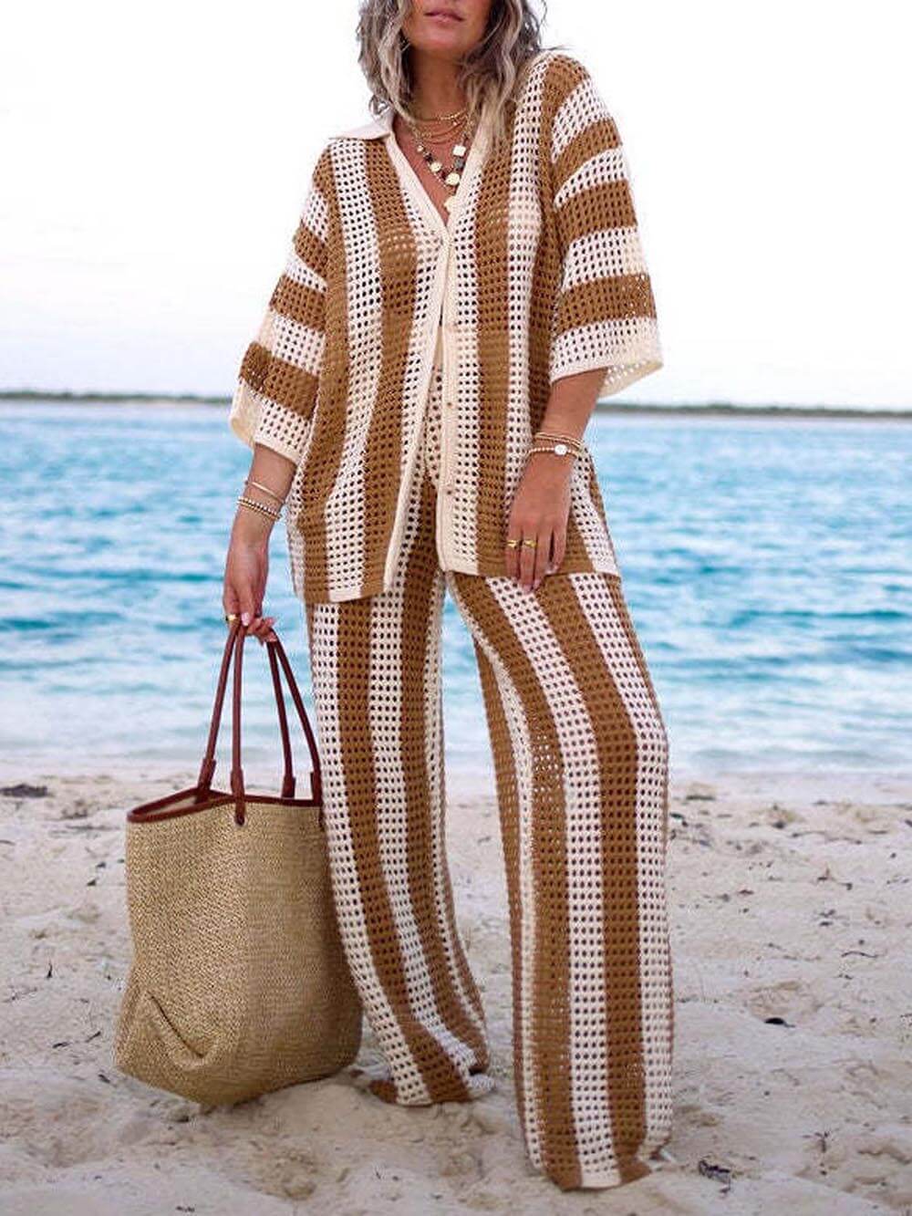 Fashion Loose V-Neck Hollow Out Striped Shirt Wide Leg Pants Set