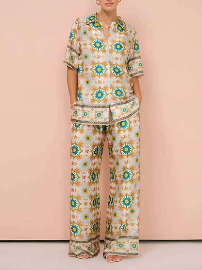 Ethnic Print Fashionable Casual Top And Wide-Leg Pants Two-Piece Suit