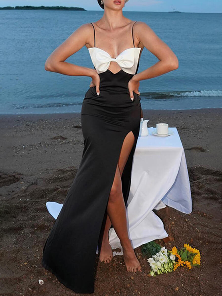 Resort Style Butterfly Contrast Color Bra Strap Slit Maxi Dress