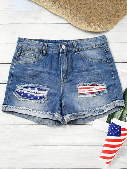 Flag Cuffed Ripped Straight Denim Shorts