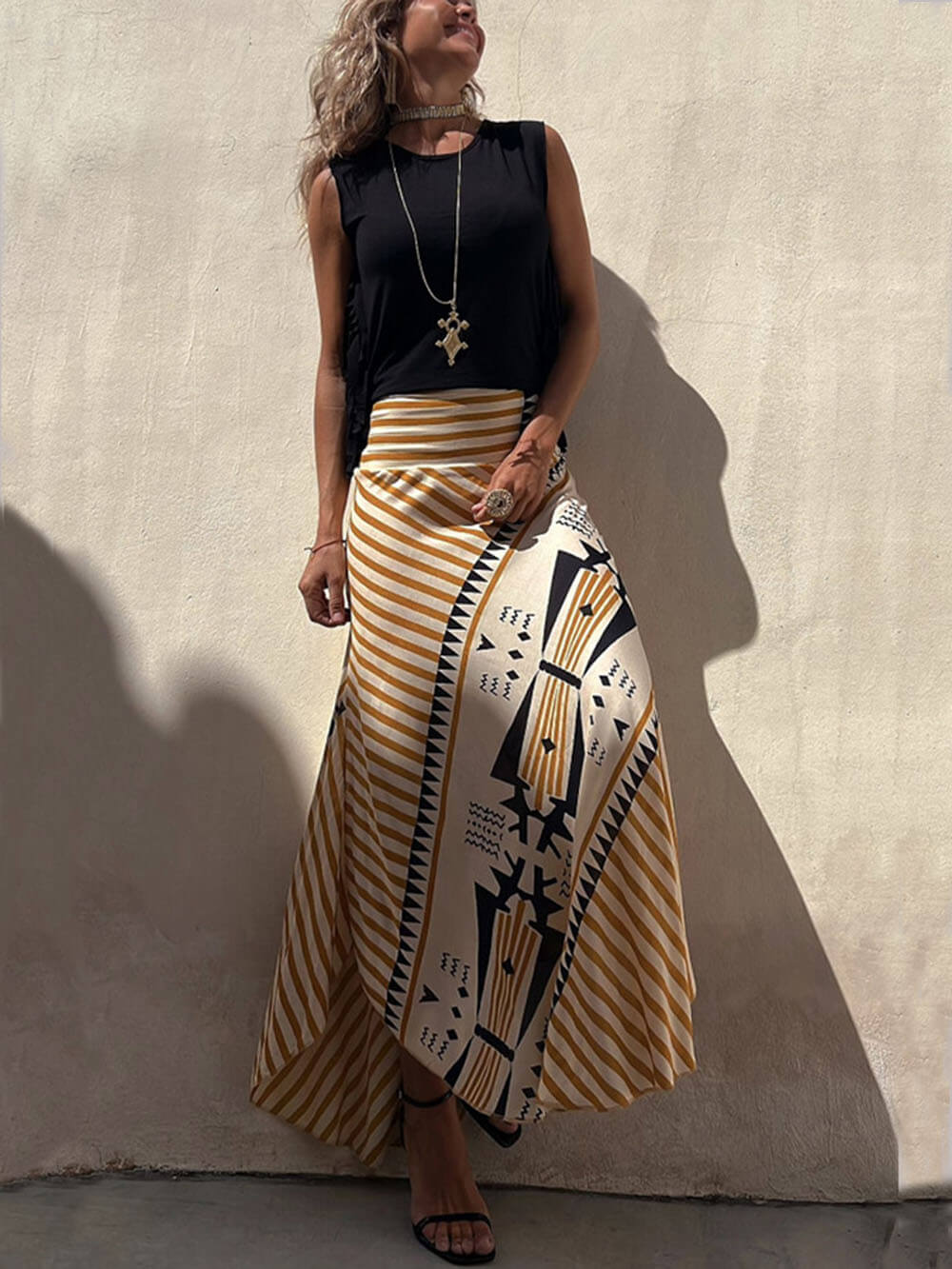 Geometric Print Elastic Waist Maxi Skirt