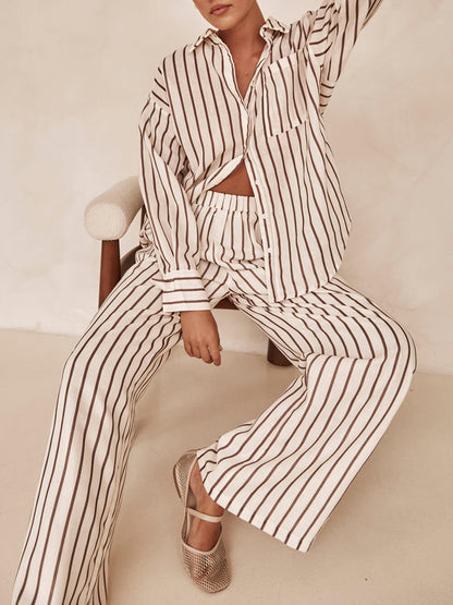 Loose Casual Striped Patchwork Shirt And Wide-Leg Pants Suit