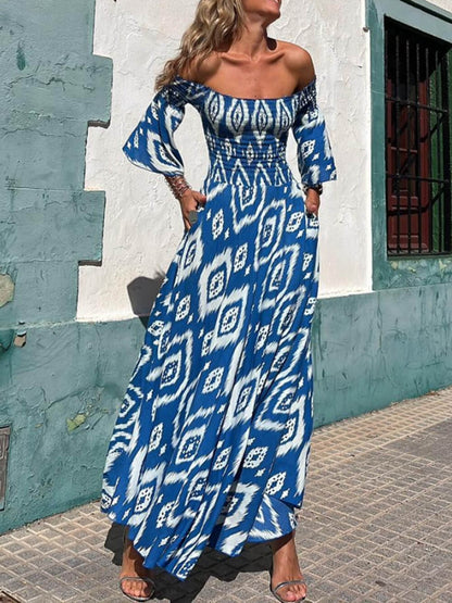 Vacation Ethnic Print Smocked Off Shoulder Pocketed Maxi Dress