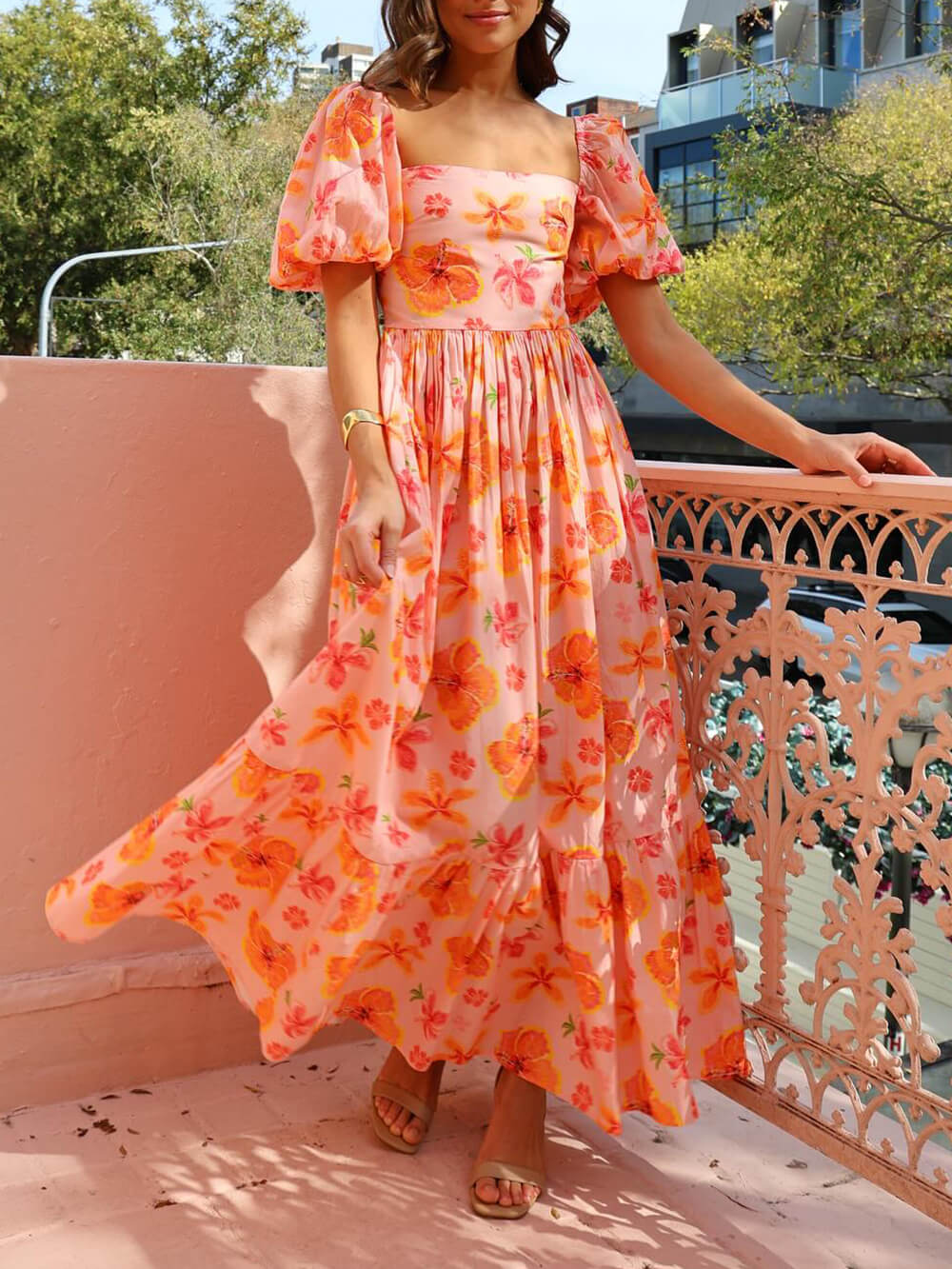 Floral Print Puff Sleeve Back Smocked Pocket Maxi Dress