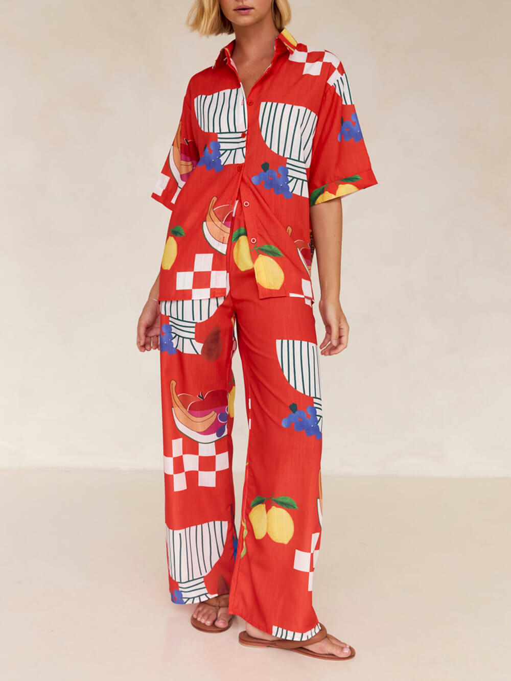 Unique Fruit Print Holiday Loose Shirt Wide Leg Pants Suit