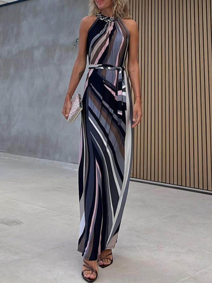 Casual Loose Halterneck Striped Gradient Print Maxi Dress