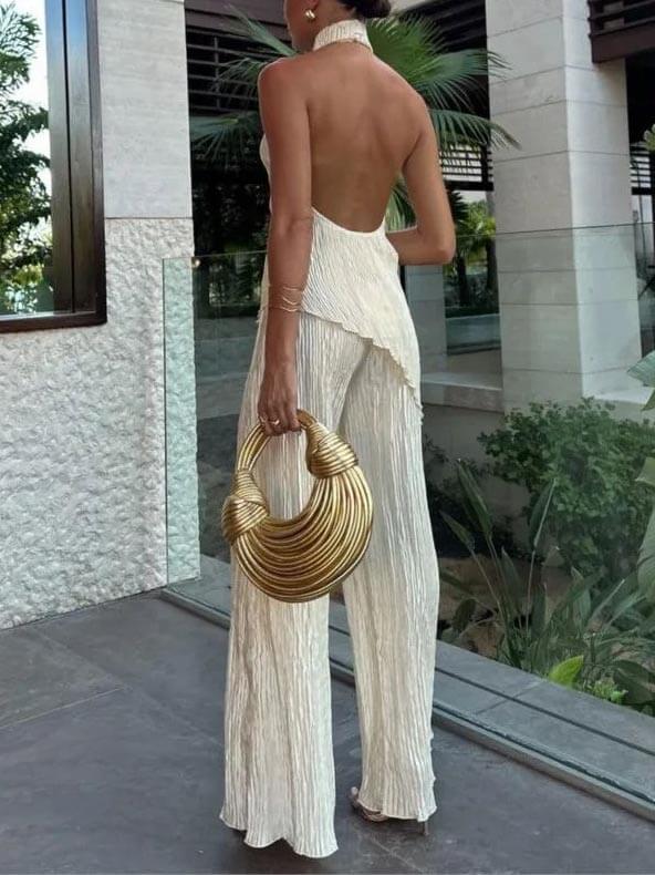 Sleeveless Halter Top High Waist Casual Wide Leg Trousers Suit