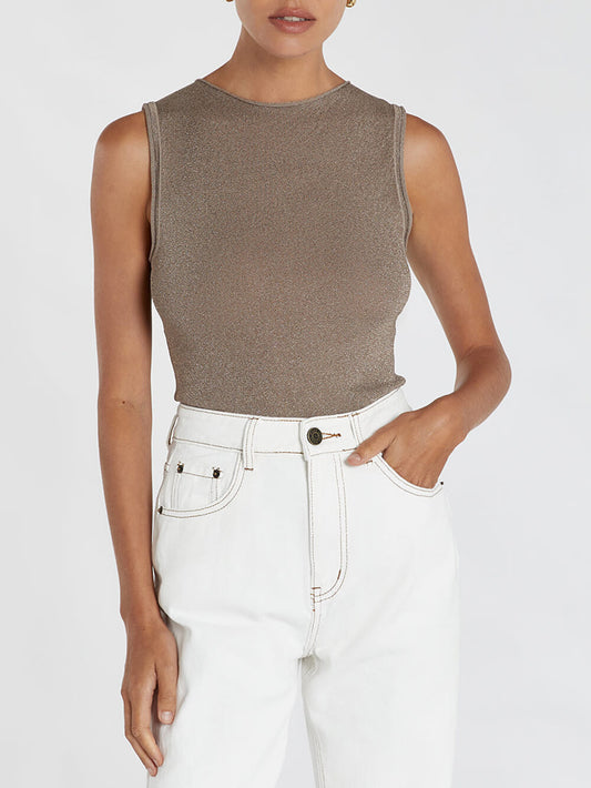 Latte Metallic Boat Neck Tank Top