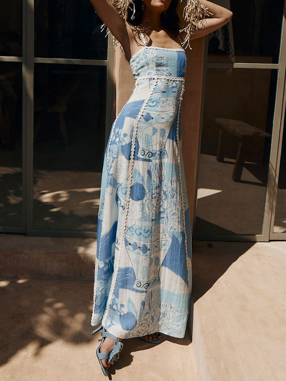 Unique Lace Patchwork Printed Back Tie Halter Flare Maxi Dresses