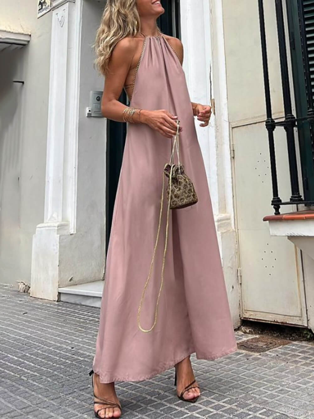 Gold Trimmed Halter Neck Maxi Dress