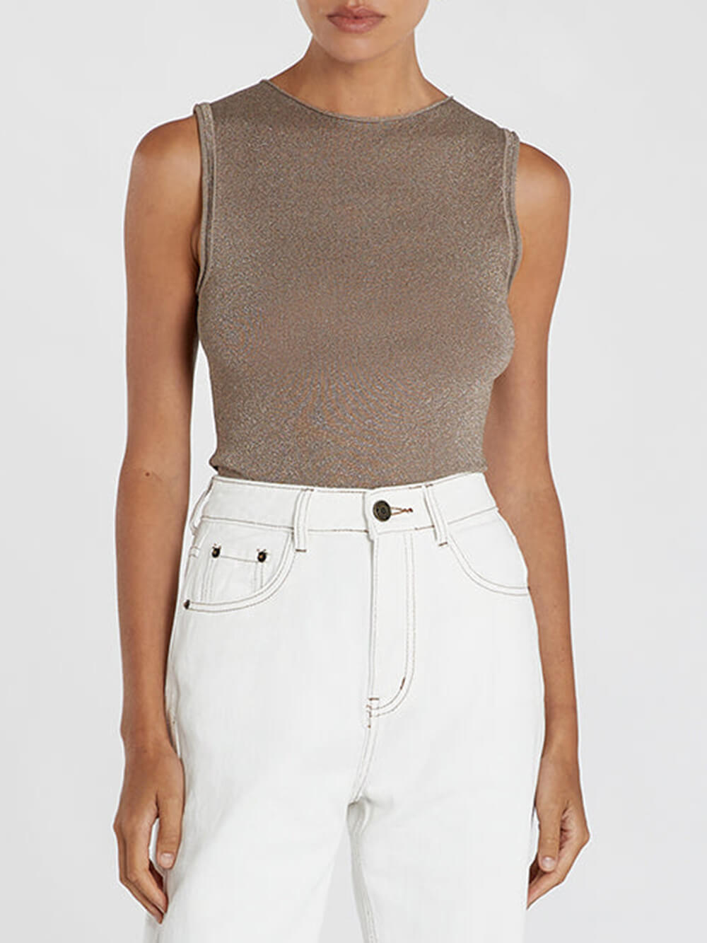 Latte Metallic Boat Neck Tank Top