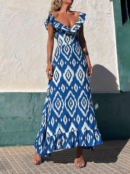 Ethnic Print Smocked Bust Ruffle Neck Maxi Dress