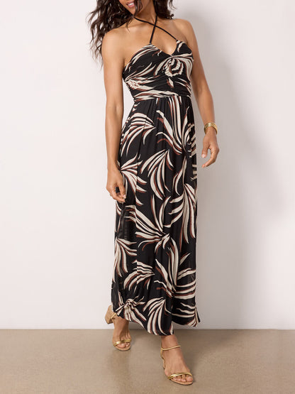 Palm Print Pleated Embellished Hanging Neck Pocket Extra Maxi Dress