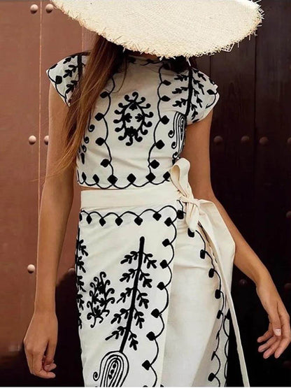 Ethnic Print Crop Top & Tire-up Wrap Midi Skirt Set