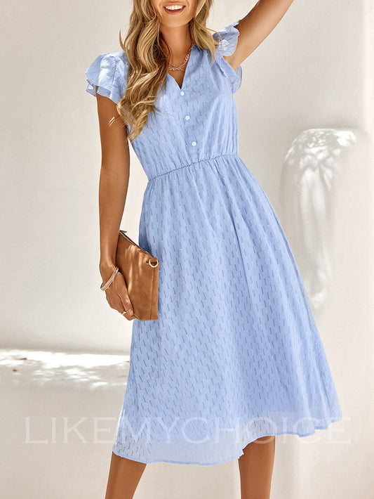 Flutter Sleeve V-Neck Buttoned Dress