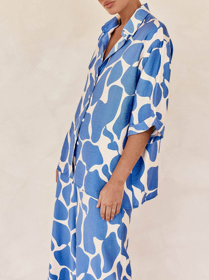 Striped Pattern Blue And White Printed Loose Shirt