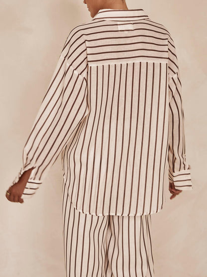 Loose Casual Striped Patchwork Shirt And Wide-Leg Pants Suit