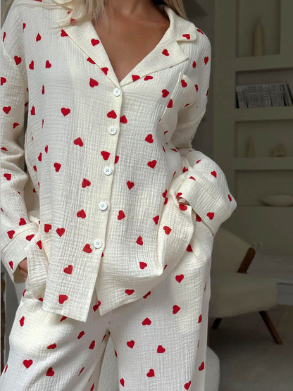 Cute Heart Print Button Down Shirt Pajama Sets