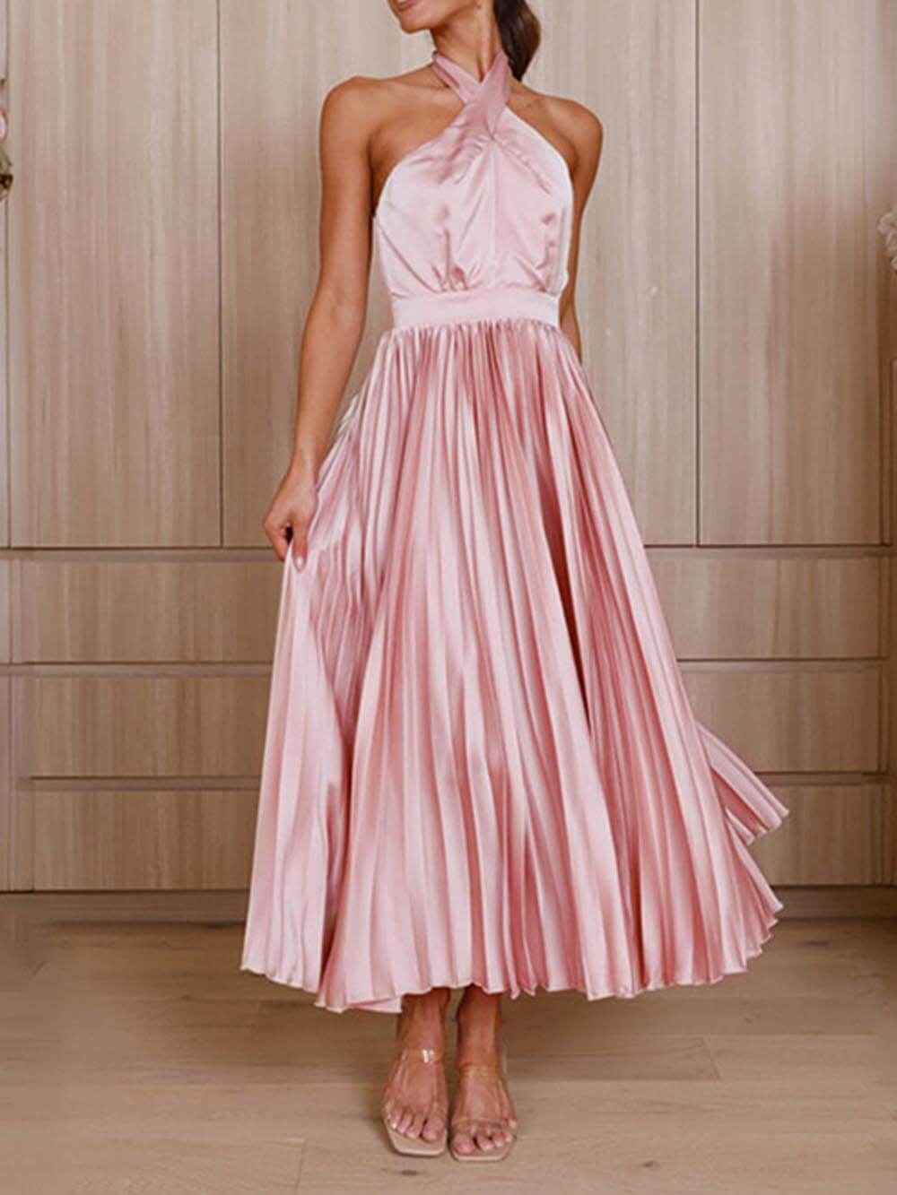 Neckline Pleated Vacation Party Midi Dresses