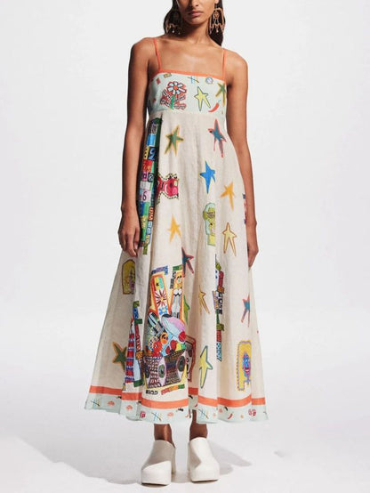 Unique Graffiti Print Suspenders Long Swing Midi Dress