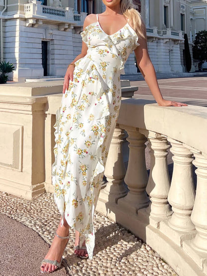 Holiday Floral Hem Side Slit Midi Dress