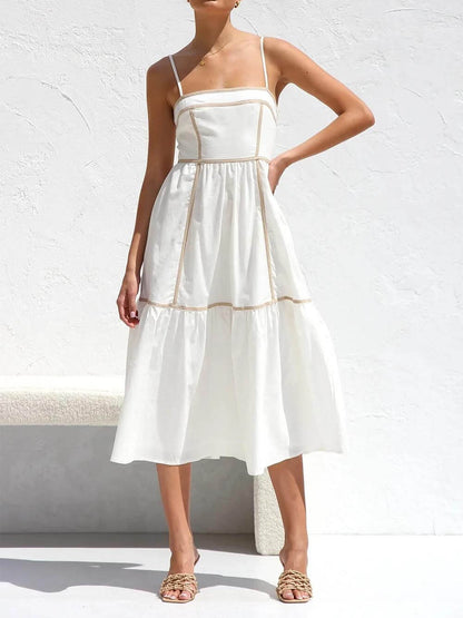 Contrast Color Trim Adjustable Straps Midi Dress