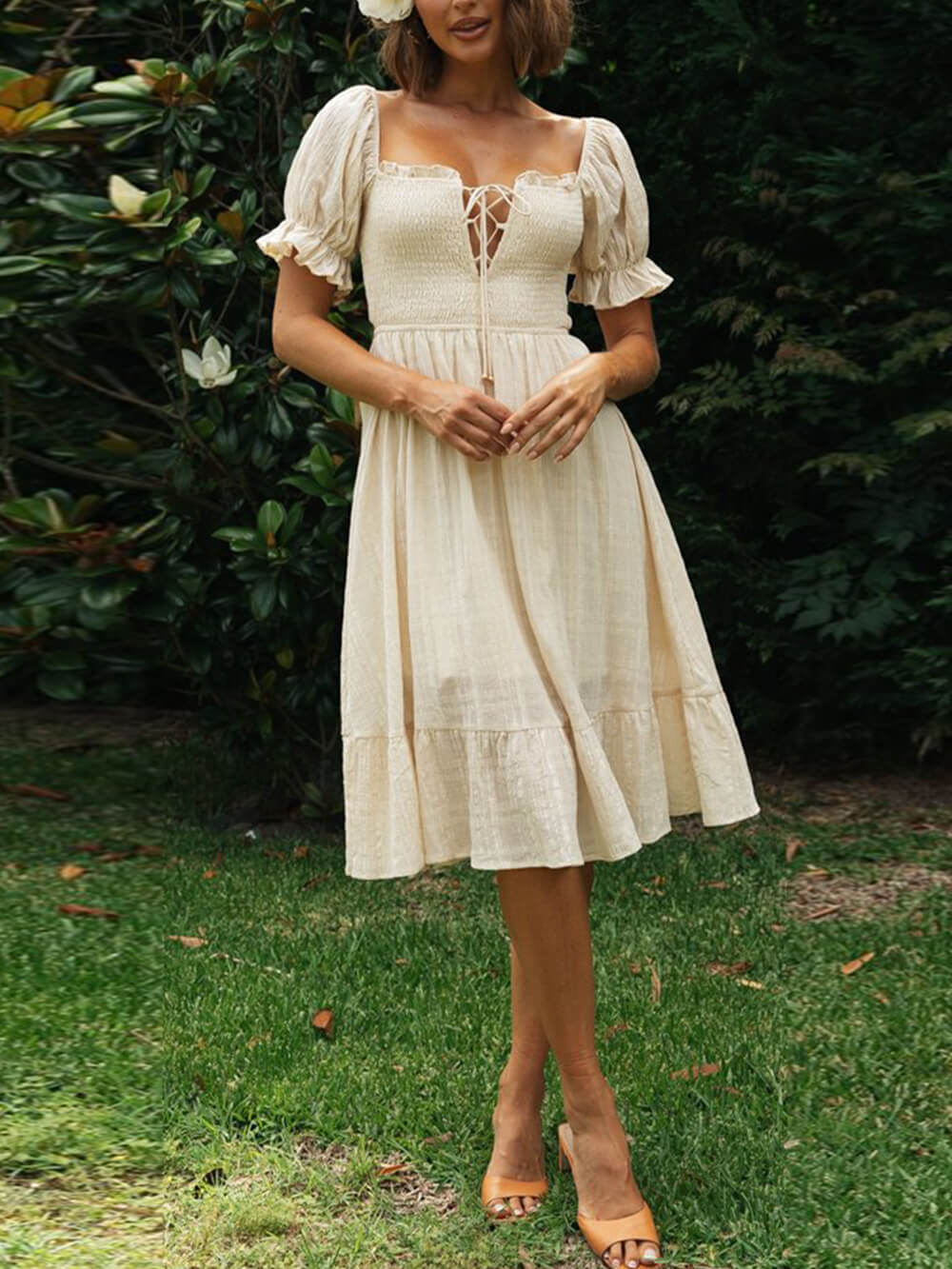 Elegant Solid Color Pastoral Midi Dress