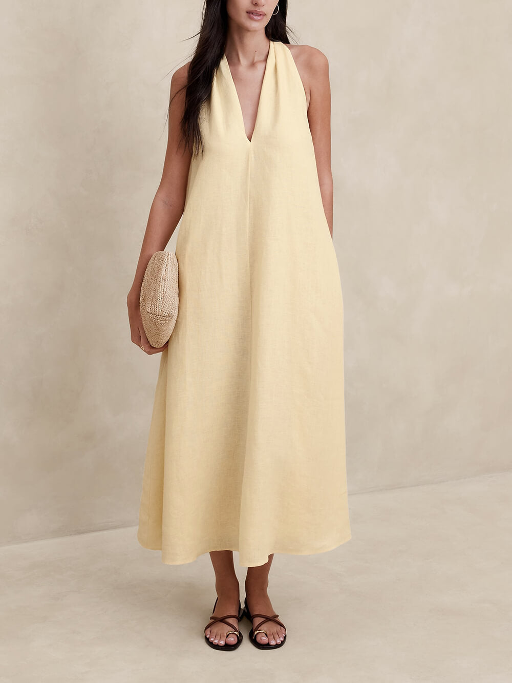 Vacation Style Twisted Back Pocket A-Line Midi Dress