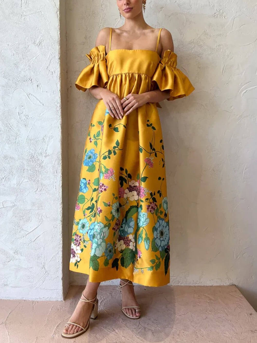 Marigold Printed Gathered Sleeve Pocketed A-Line Midi Dress