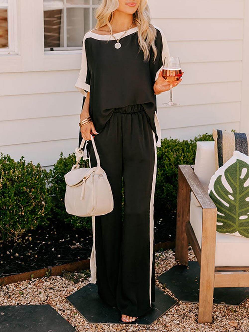 Loose Color Block Slit Wide Leg Pants