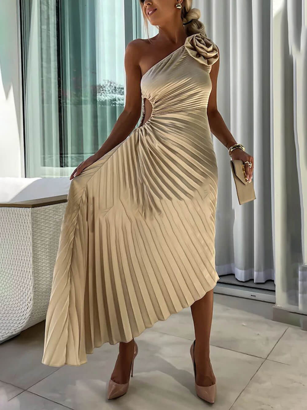 Romantic Night Guilloche Stretch Hollow One Shoulder Pleated Maxi Dress