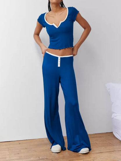 Spliced Languid Style Wide-Leg Pants Loungewear Set