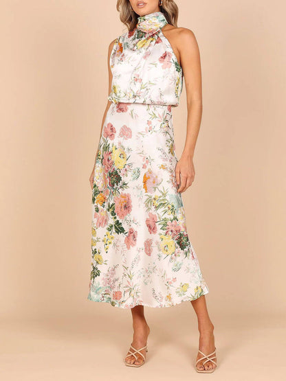 Floral Halter Neck Elastic Waist Maxi Dress