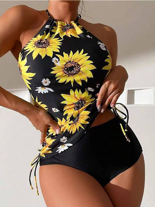 Sunflower Print Halter Neck Drawstring Tankini Set