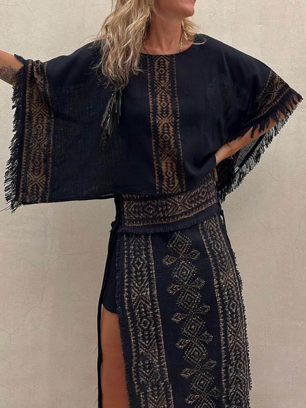 Ethnic Print Tassel Trim Wide Sleeve Loose Top