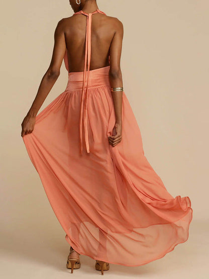 Tulle Halter Neck Backless Maxi Dress