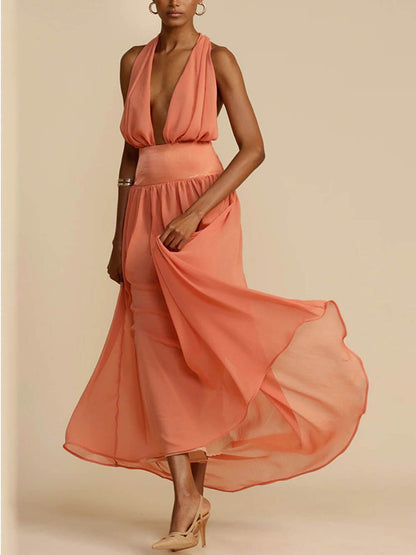 Tulle Halter Neck Backless Maxi Dress