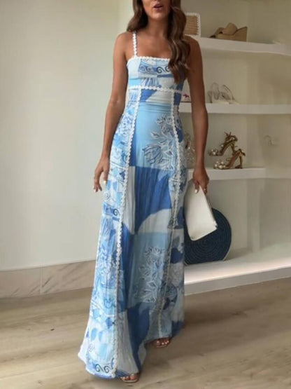 Unique Lace Patchwork Printed Back Tie Halter Flare Maxi Dresses