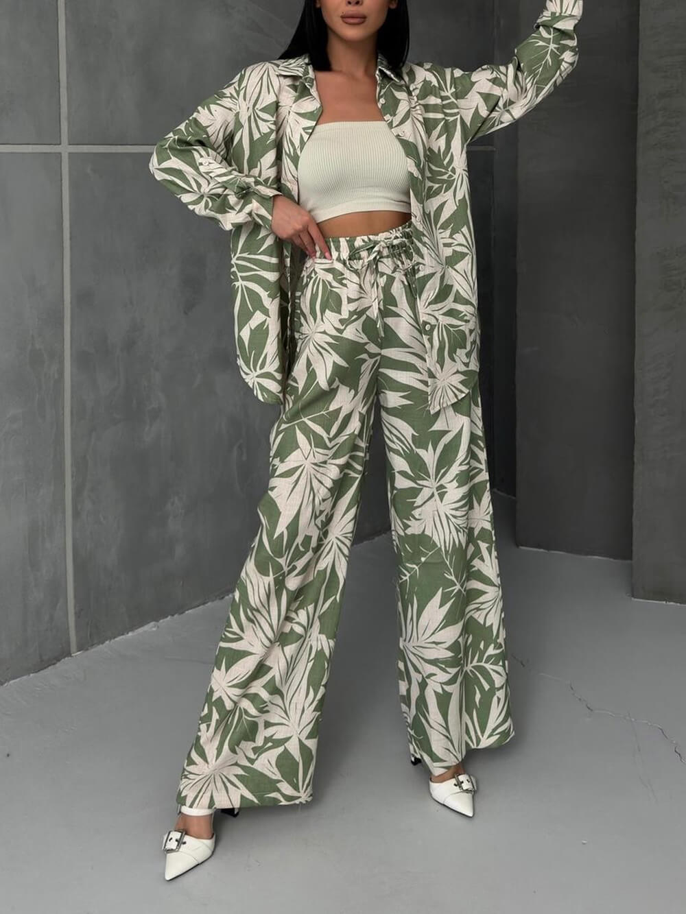 Palm Leaf Print Loose Oversized Shirt