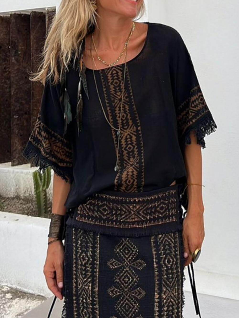 Ethnic Print Tassel Trim Wide Sleeve Loose Top