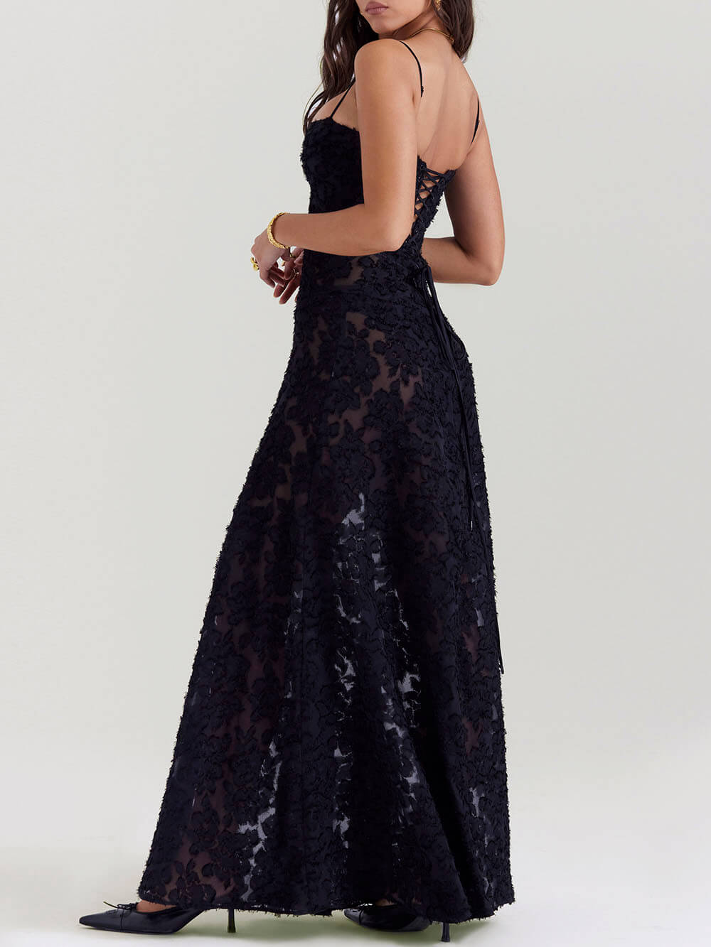 Black Floral Lace Back Maxi Dress