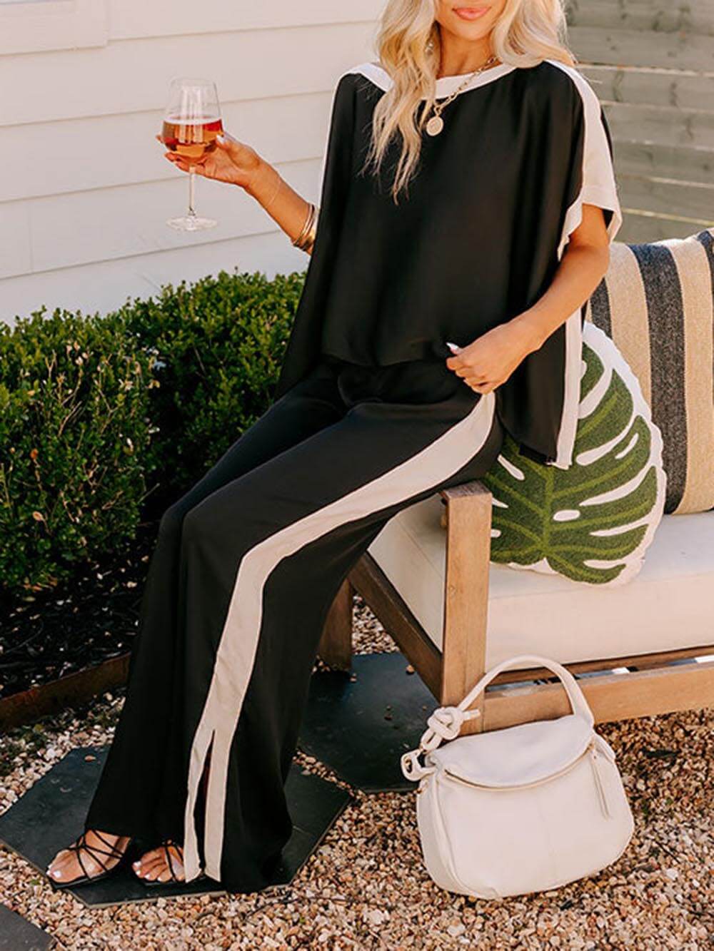 Loose Color Block Slit Wide Leg Pants