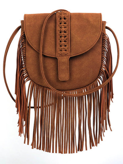 Woven Semi Circular Leather Tassel Crossbody Bag